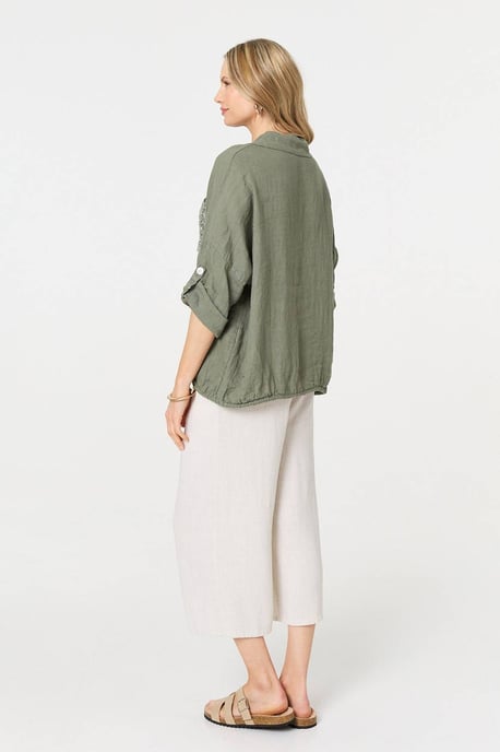Khaki Sequin Detail 3/4 Turn-Up Sleeve Shirt - Image 3