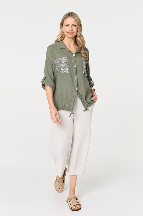 Khaki Sequin Detail 3/4 Turn-Up Sleeve Shirt - Image 4