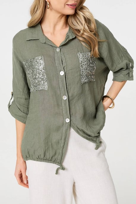 Khaki Sequin Detail 3/4 Turn-Up Sleeve Shirt - Image 5