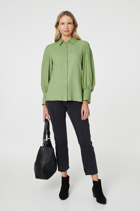 Sage Plain Puff Sleeve Button-Up Shirt - Image 2