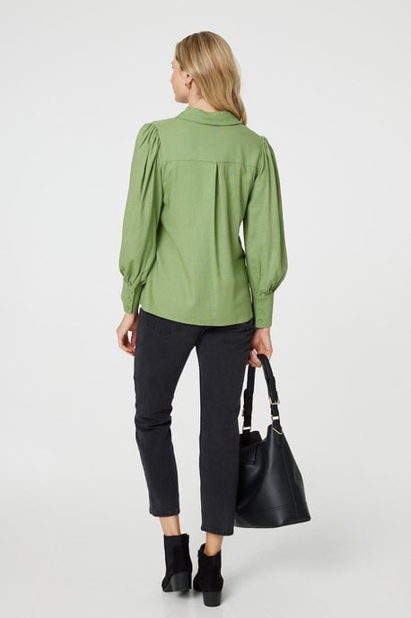 Sage Plain Puff Sleeve Button-Up Shirt - Image 3