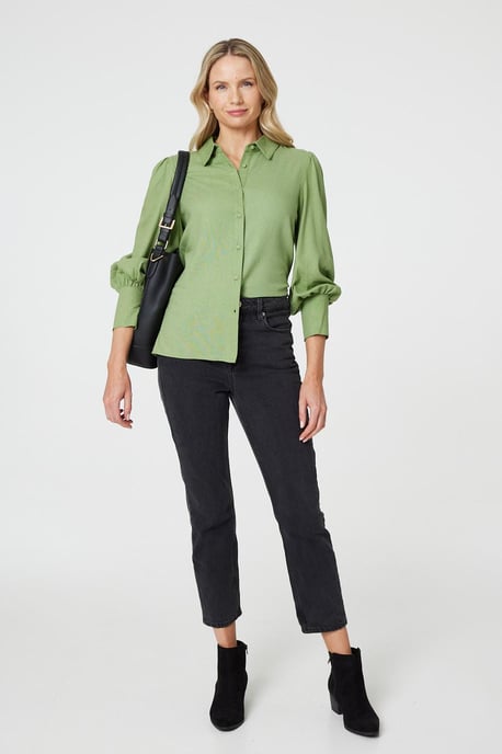 Sage Plain Puff Sleeve Button-Up Shirt - Image 4