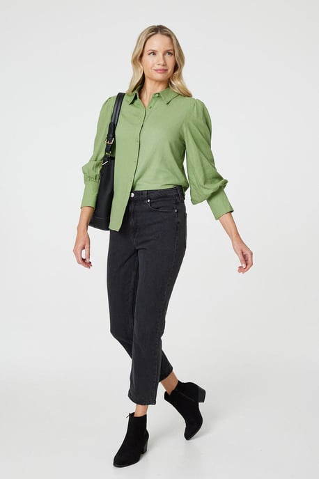 Sage Plain Puff Sleeve Button-Up Shirt - Image 5