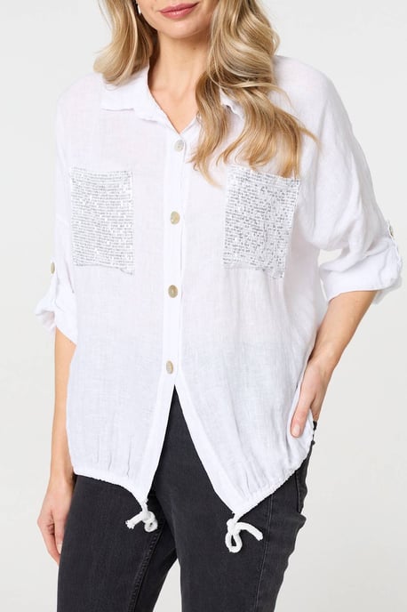 White Sequin Detail 3/4 Turn-Up Sleeve Shirt - Image 2