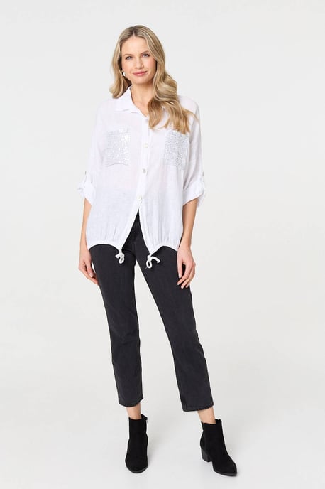 White Sequin Detail 3/4 Turn-Up Sleeve Shirt - Image 4