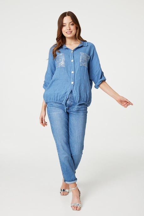 Blue Sequin Detail 3/4 Turn-Up Sleeve Shirt - Image 4