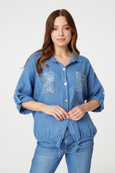Blue Sequin Detail 3/4 Turn-Up Sleeve Shirt - Image 5