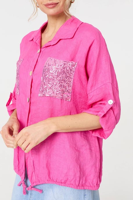 Pink Sequin Detail 3/4 Turn-Up Sleeve Shirt - Image 2