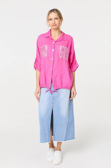 Pink Sequin Detail 3/4 Turn-Up Sleeve Shirt - Image 4