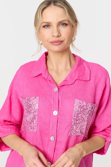 Pink Sequin Detail 3/4 Turn-Up Sleeve Shirt - Image 5