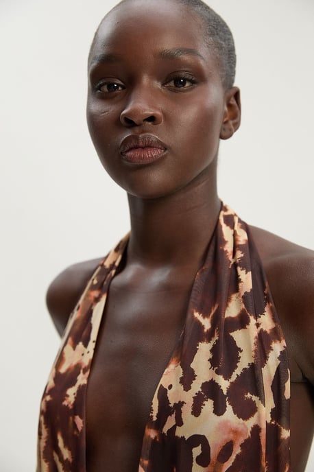 Leopard Print Plunge Halter Neck Trim Detail Mesh Bodysuit - Image 2