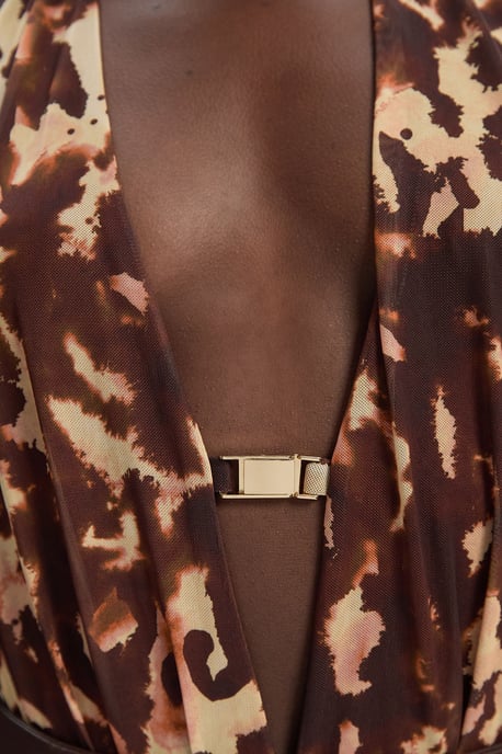 Leopard Print Plunge Halter Neck Trim Detail Mesh Bodysuit - Image 3