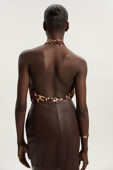 Leopard Print Plunge Halter Neck Trim Detail Mesh Bodysuit - Image 4
