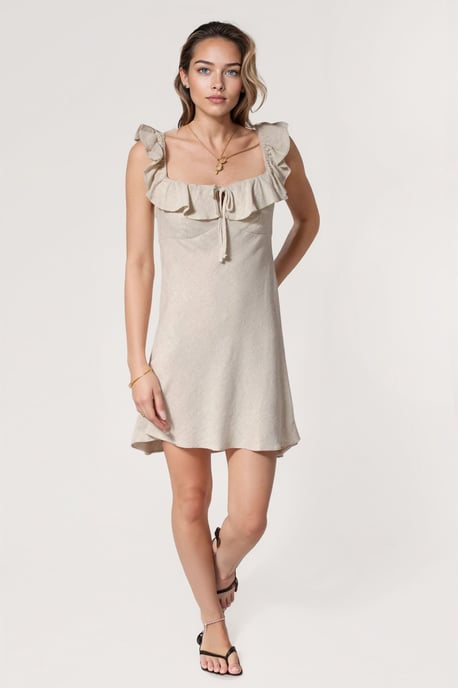 Linen Effect Short Ruffle Neck Dress - Image 1