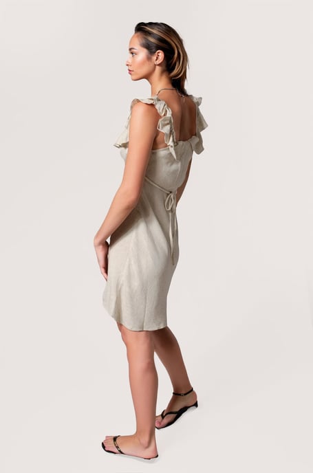 Linen Effect Short Ruffle Neck Dress - Image 5