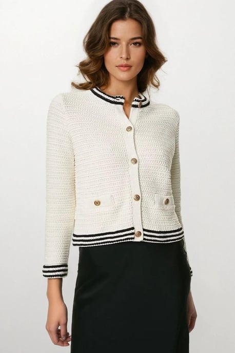 Textured Crew Neck Cardigan Gold Buttons - Image 1