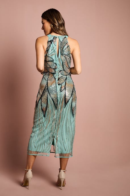 High Neck Beaded Column Midi Dress - Image 4
