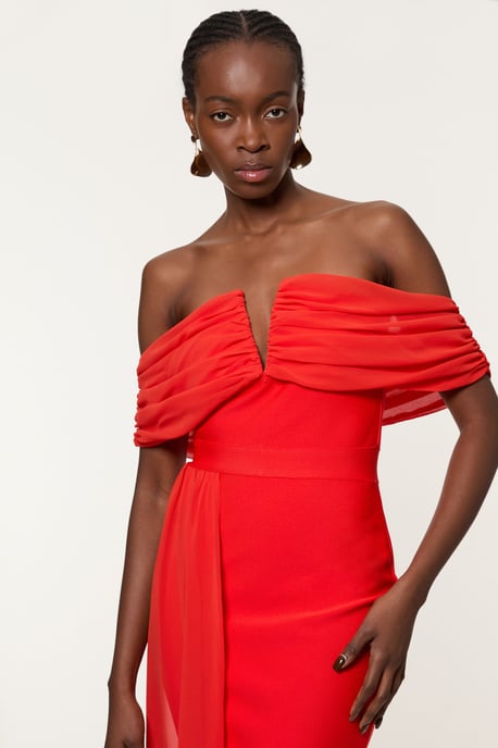 Figure Form Bandage Knit Woven Bardot And Skirt Detail Dress - Image 2
