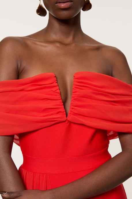 Figure Form Bandage Knit Woven Bardot And Skirt Detail Dress - Image 3