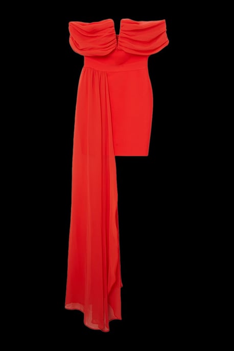 Figure Form Bandage Knit Woven Bardot And Skirt Detail Dress - Image 4