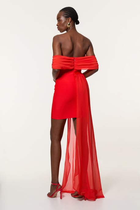 Figure Form Bandage Knit Woven Bardot And Skirt Detail Dress - Image 5