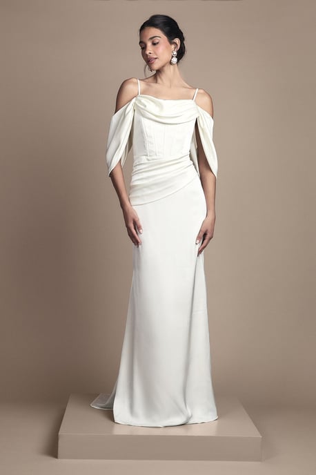 Cowl Neck Corset Drape Satin Maxi Wedding Dress - Image 1