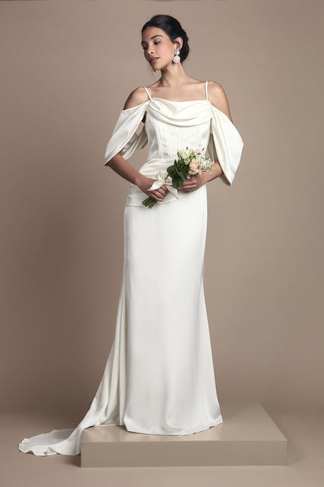 Cowl Neck Corset Drape Satin Maxi Wedding Dress - Image 4