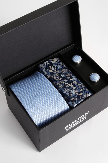 Light Blue Textured Tie, Floral Pocket Square with Cufflink Box Set - Image 3