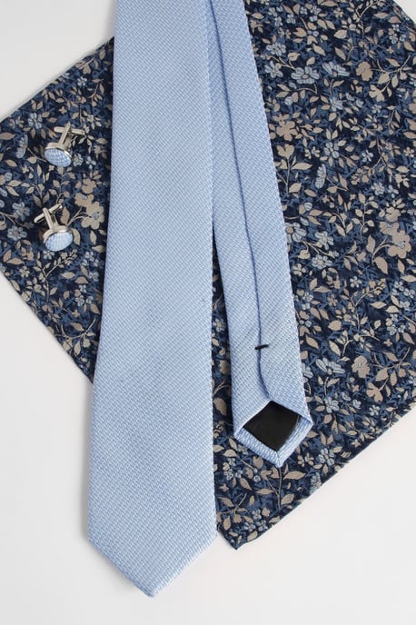 Light Blue Textured Tie, Floral Pocket Square with Cufflink Box Set - Image 4