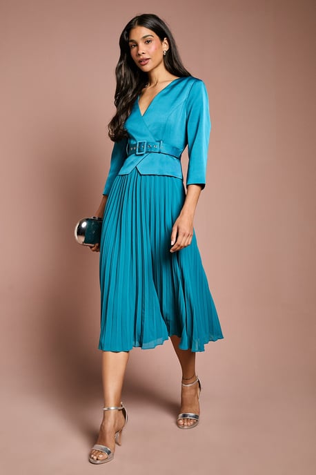 Satin Bodice ¾ Sleeve Pleat Skirt Belted Midi Wedding Guest Dress - Image 1