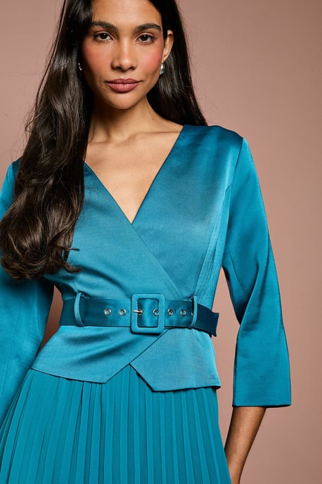 Satin Bodice ¾ Sleeve Pleat Skirt Belted Midi Wedding Guest Dress - Image 2
