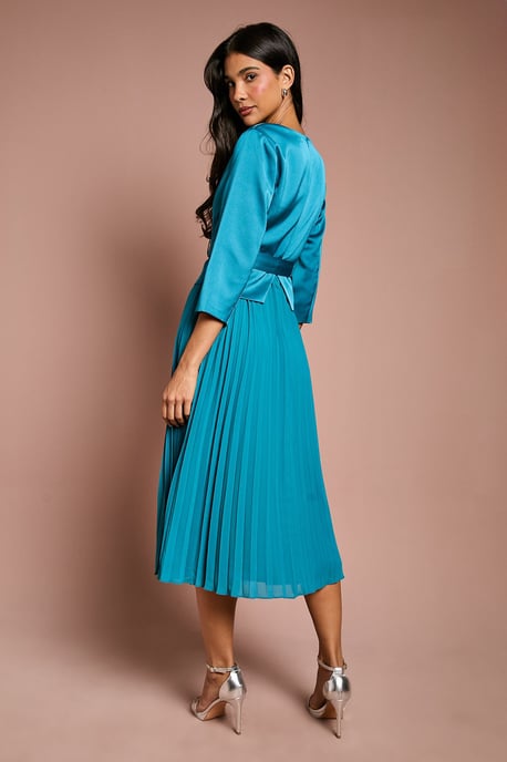 Satin Bodice ¾ Sleeve Pleat Skirt Belted Midi Wedding Guest Dress - Image 3