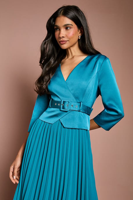 Satin Bodice ¾ Sleeve Pleat Skirt Belted Midi Wedding Guest Dress - Image 4