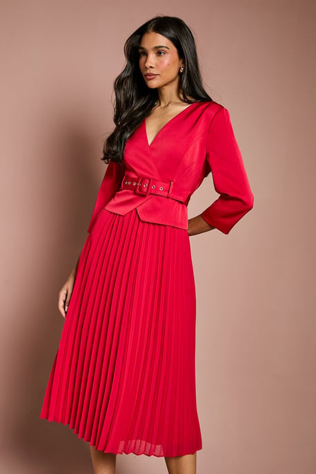 Satin Bodice ¾ Sleeve Pleat Skirt Belted Midi Wedding Guest Dress - Image 1