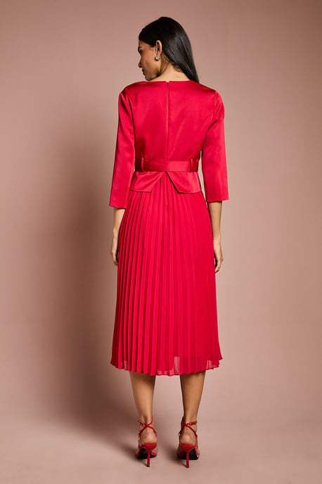 Satin Bodice ¾ Sleeve Pleat Skirt Belted Midi Wedding Guest Dress - Image 3