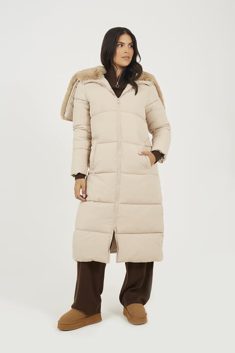 Cream Maxi Padded Jacket With Split Hood - Image 1