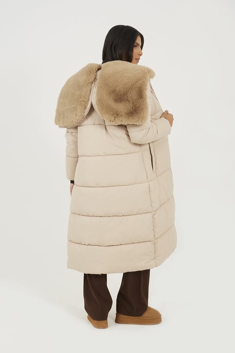 Cream Maxi Padded Jacket With Split Hood - Image 2