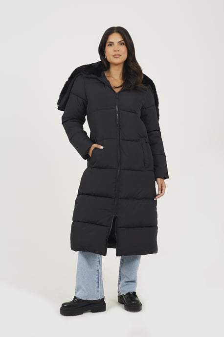 Black Maxi Padded Jacket With Split Hood - Image 1