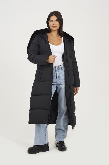 Black Maxi Padded Jacket With Split Hood - Image 3