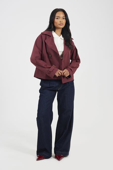 Burgundy Double Breasted Short Trench Coat - Image 3