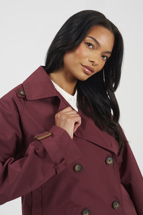 Burgundy Double Breasted Short Trench Coat - Image 4