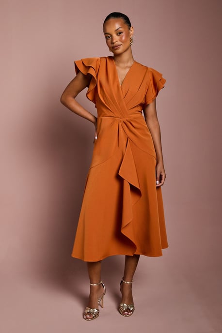 Petite Short Sleeve V Neck Wrap Front Midi Dress - Image 1