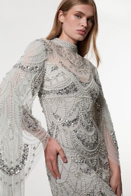 Premium Beaded Embellished Woven Midaxi Cape Dress - Image 2