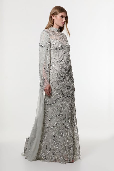 Premium Beaded Embellished Woven Midaxi Cape Dress - Image 3