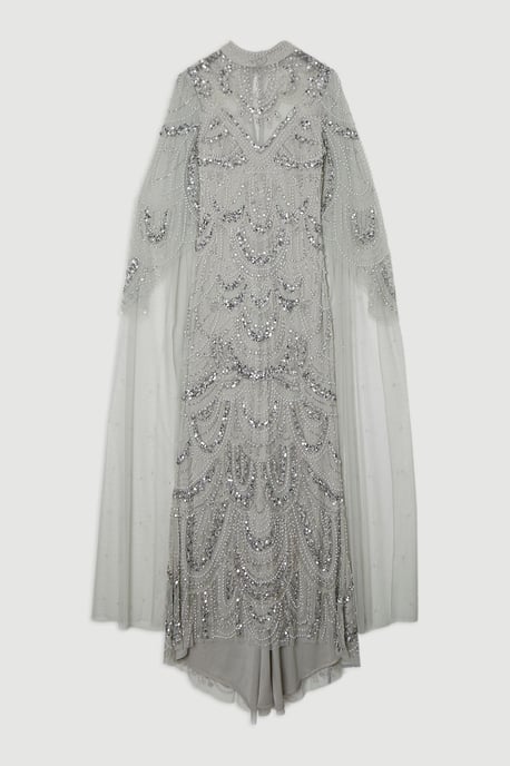Premium Beaded Embellished Woven Midaxi Cape Dress - Image 4