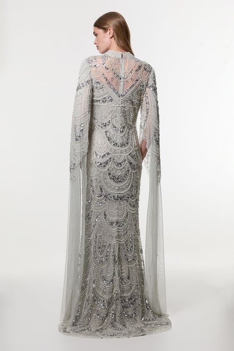 Premium Beaded Embellished Woven Midaxi Cape Dress - Image 6