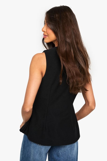 Textured Gold Button Cinched Waist Sleeveless Waistcoat - Image 2
