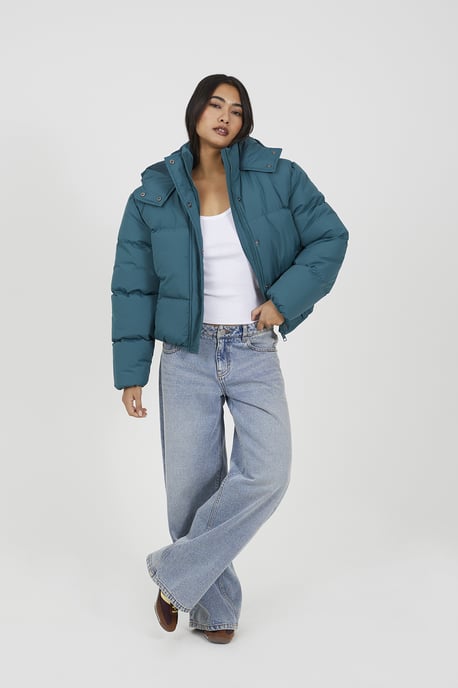 Teal Oversized Hooded Short Puffer Jacket - Image 3
