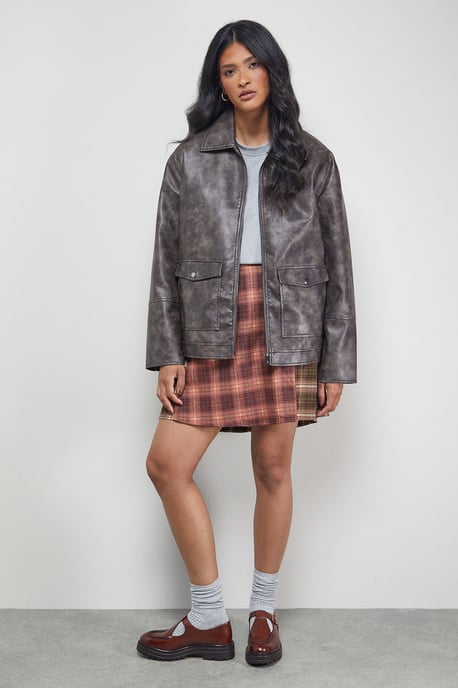 Mixed Check Buckle Side Pleat Awkward Length Skirt - Image 1