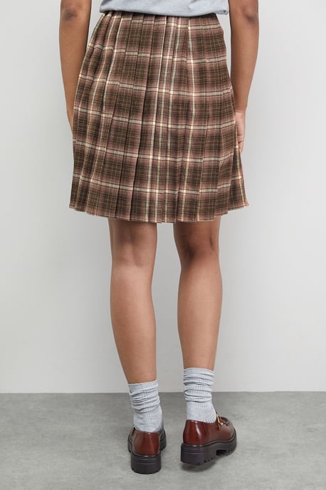 Mixed Check Buckle Side Pleat Awkward Length Skirt - Image 3